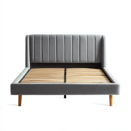Lit double 160 x 200 cm gris en polyester avec tête de lit capitonnée et sommier à lattes