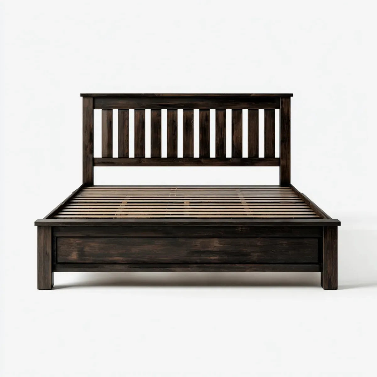 Cadre de lit double 160 x 200 cm marron foncé en bois massif rectangulaire avec tête de lit à barreaux