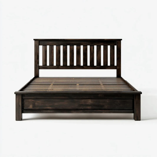 Cadre de lit double 160 x 200 cm marron foncé en bois massif rectangulaire avec tête de lit à barreaux