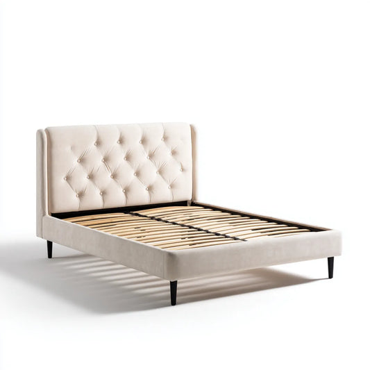 Lit double capitonné beige 160 x 200 cm en polyester rectangulaire avec sommier à lattes