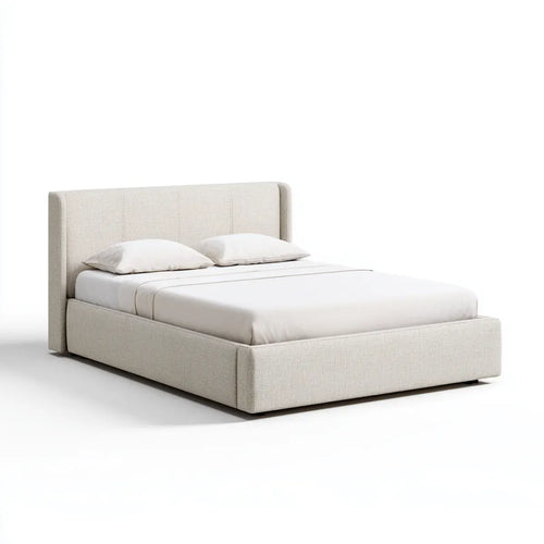 Lit double 160 x 200 cm beige en polyester avec tête de lit rectangulaire capitonnée