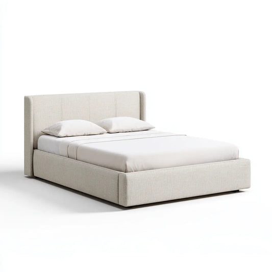 Lit double 160 x 200 cm beige en polyester avec tête de lit rectangulaire capitonnée