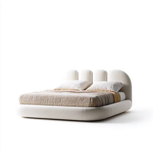 Lit double rembourré beige 160 x 200 cm en polyester avec tête de lit arrondie