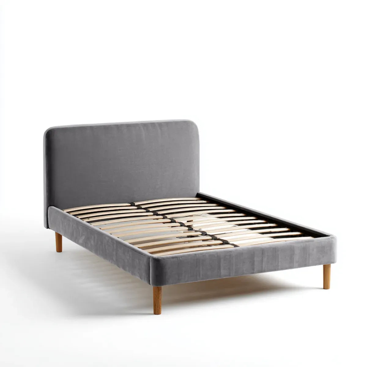 Cadre de lit double gris 160 x 200 cm en polyester et bois massif rectangulaire