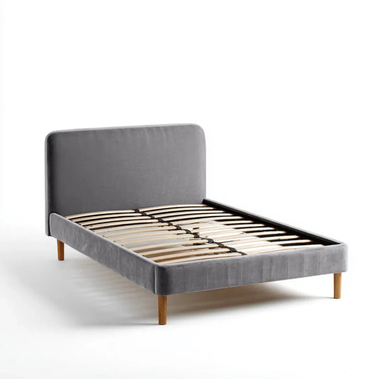 Cadre de lit double gris 160 x 200 cm en polyester et bois massif rectangulaire