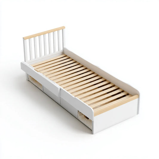 Lit enfant avec rangements blanc et bois naturel 90 x 190 cm en MDF et pin massif rectangulaire