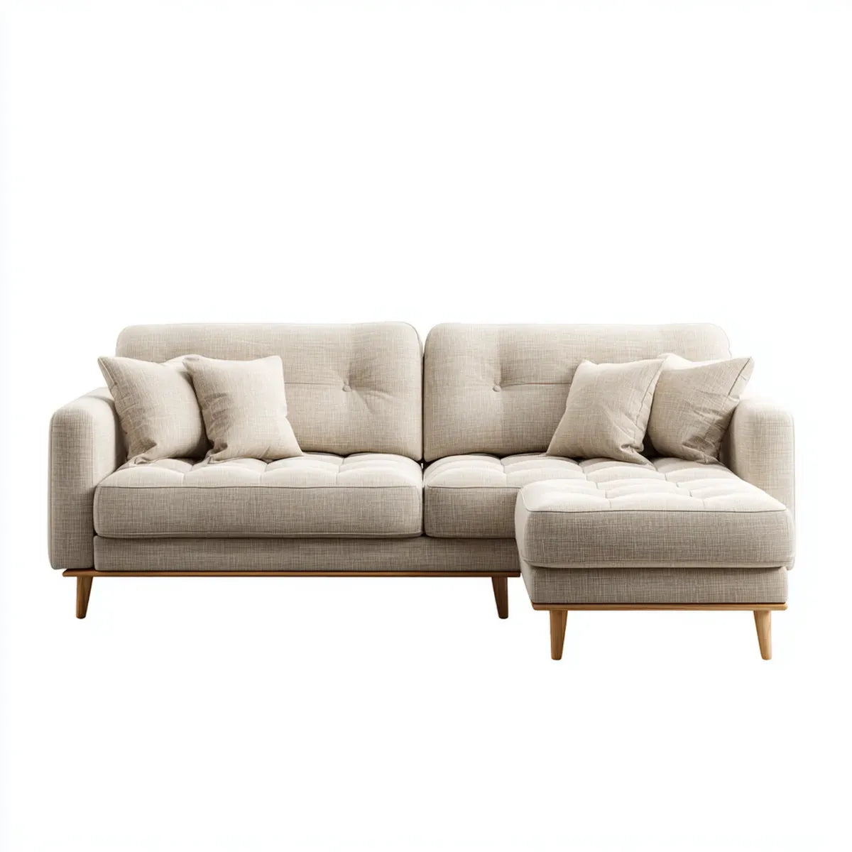 Canapé d'angle 3 places beige en L 240 x 155 x 85 cm revêtement polyester pieds en hévéa massif