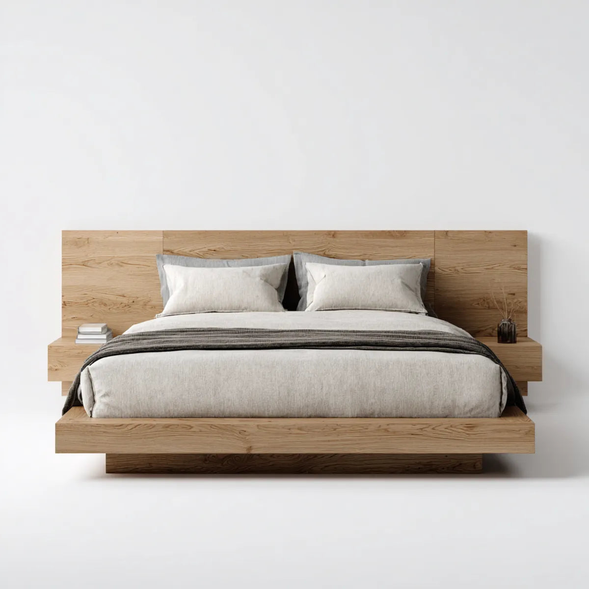 Lit double rectangulaire avec tête de lit à tablettes chêne naturel 160 x 200 cm panneaux MDF plaqués chêne