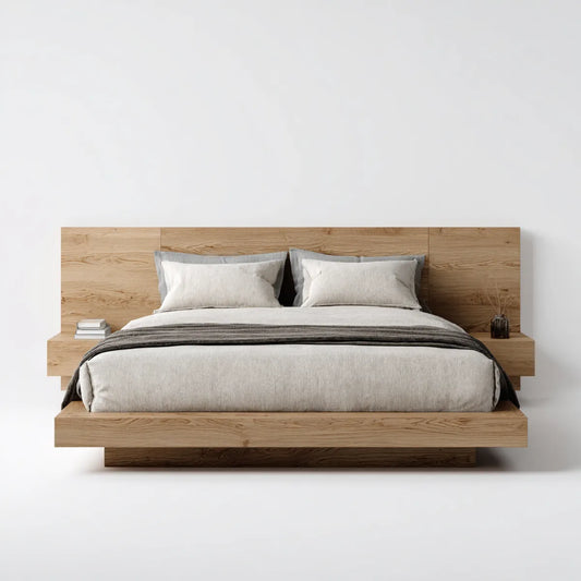 Lit double rectangulaire avec tête de lit à tablettes chêne naturel 160 x 200 cm panneaux MDF plaqués chêne