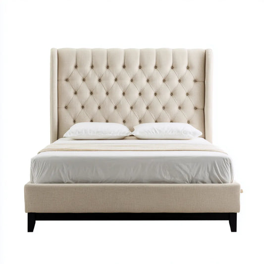 Lit double capitonné beige 160 x 200 cm en polyester forme rectangulaire